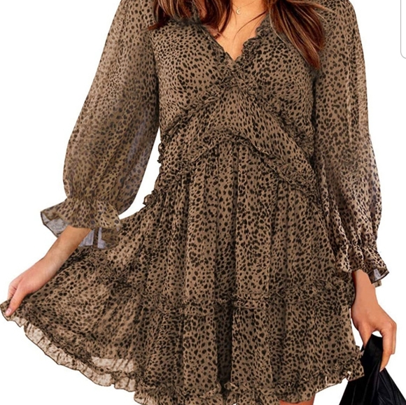 Leopard Print Long+Sleeve Ruffle Dress - Picture 1 of 3